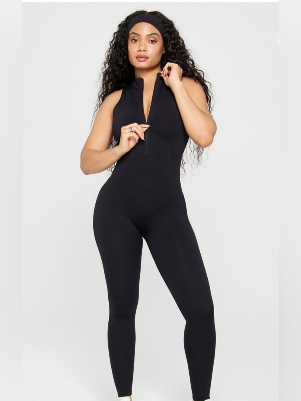 Fabletics Sleek Black Zipper-Front Jumpsuit LARGE